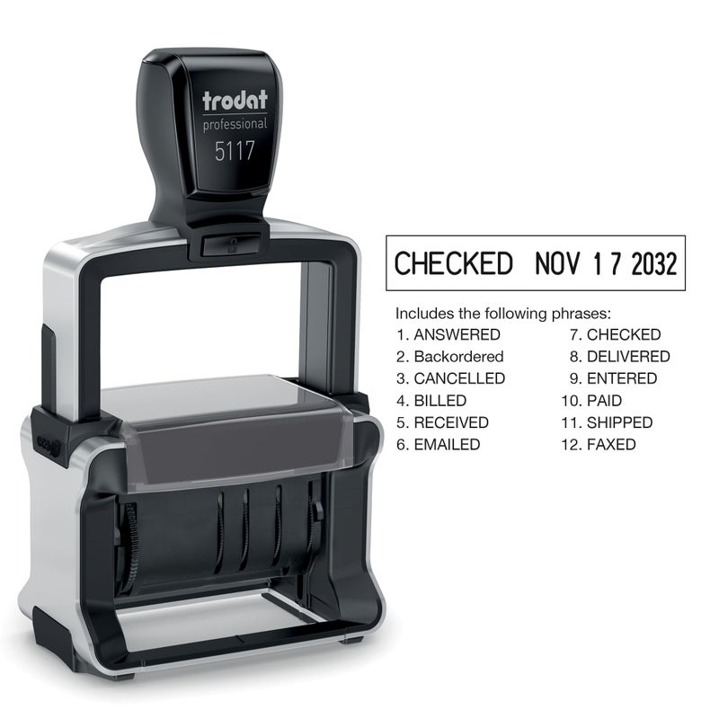 Trodat Professional 5117 12-Message Stamp, Dater, Self Inking, 2-1/4" x 3/8", Black - Image 1